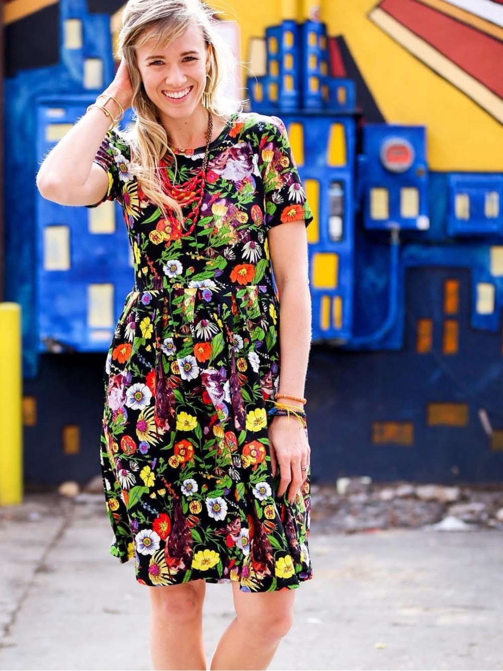 LuLaRoe Black Floral Fit & Flare Dress with Bright Blooms